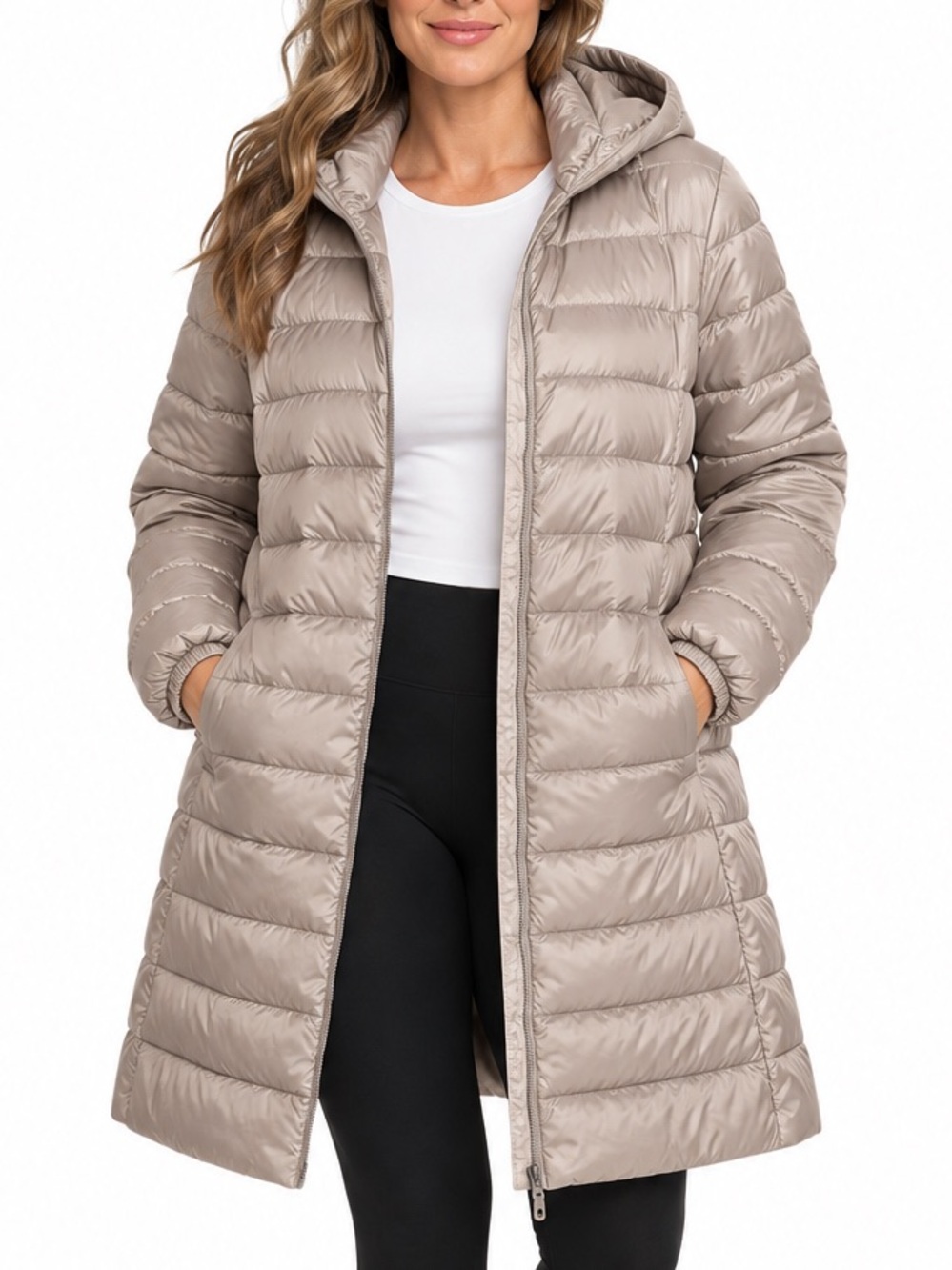 Athleta 2X Long Hooded Puffer Coat Taupe Beige Lightweight Insulated Jacket
